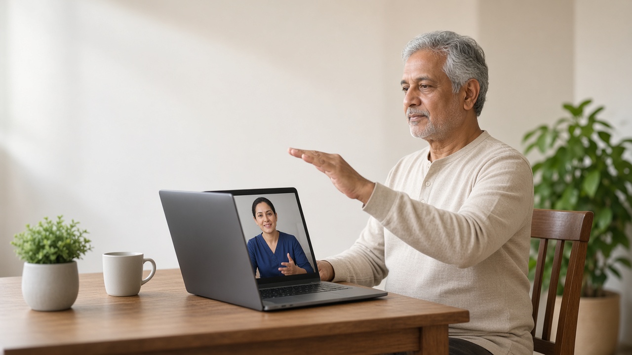 A man at home following a live video physiotherapy session on a laptop.