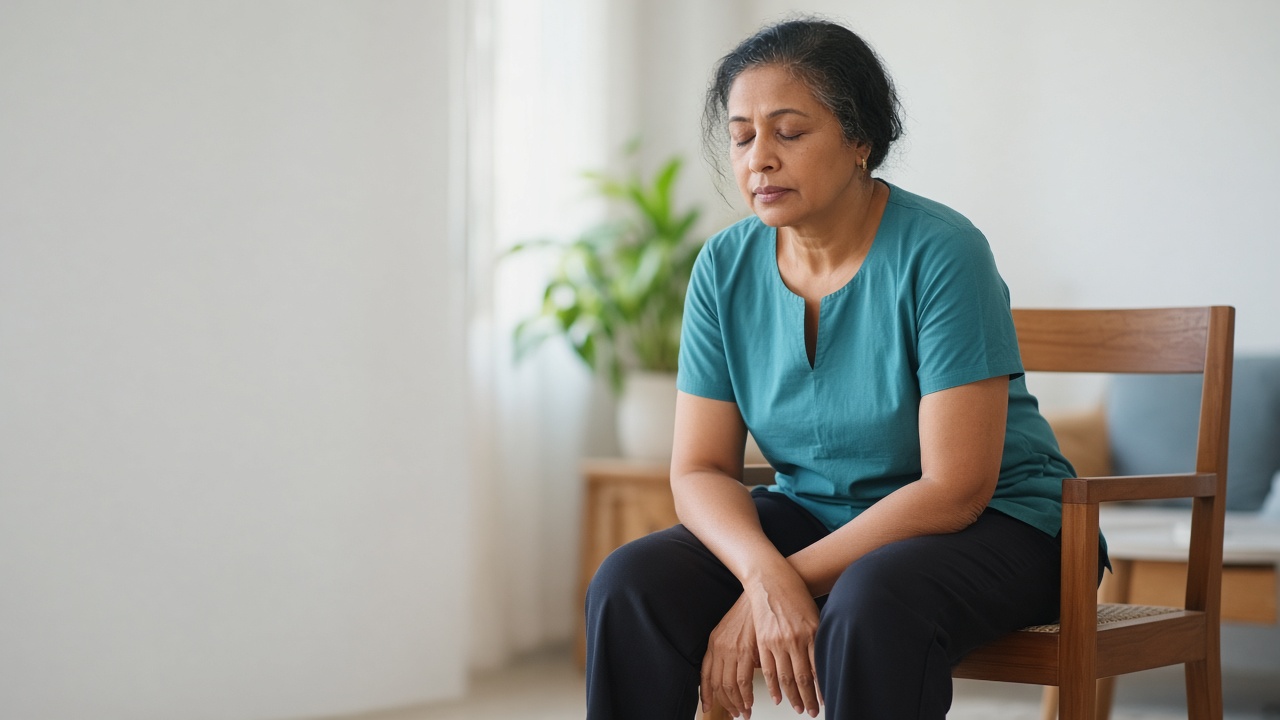 A woman sitting on a chair, leaning slightly forward with her forearms resting on her thighs to ease breathlessness.